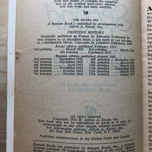 1970 The Second Sex by Simone de Beauvoir Paperback Bantam Vintage Book - Picture 8 of 11